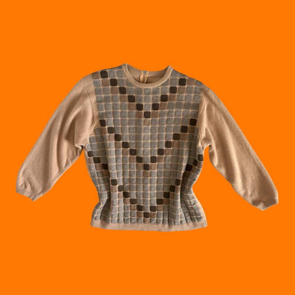 60's vintage tan geometric mid century 3/4 sleeve minimalist sweater SMALL